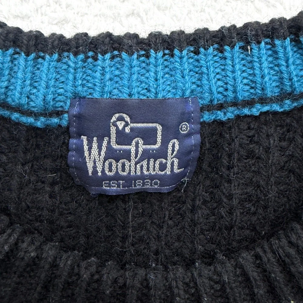 Woolrich Mens Blue Black Fair Isle Chunky Knit Crewneck Sweater Vintage‎ Large